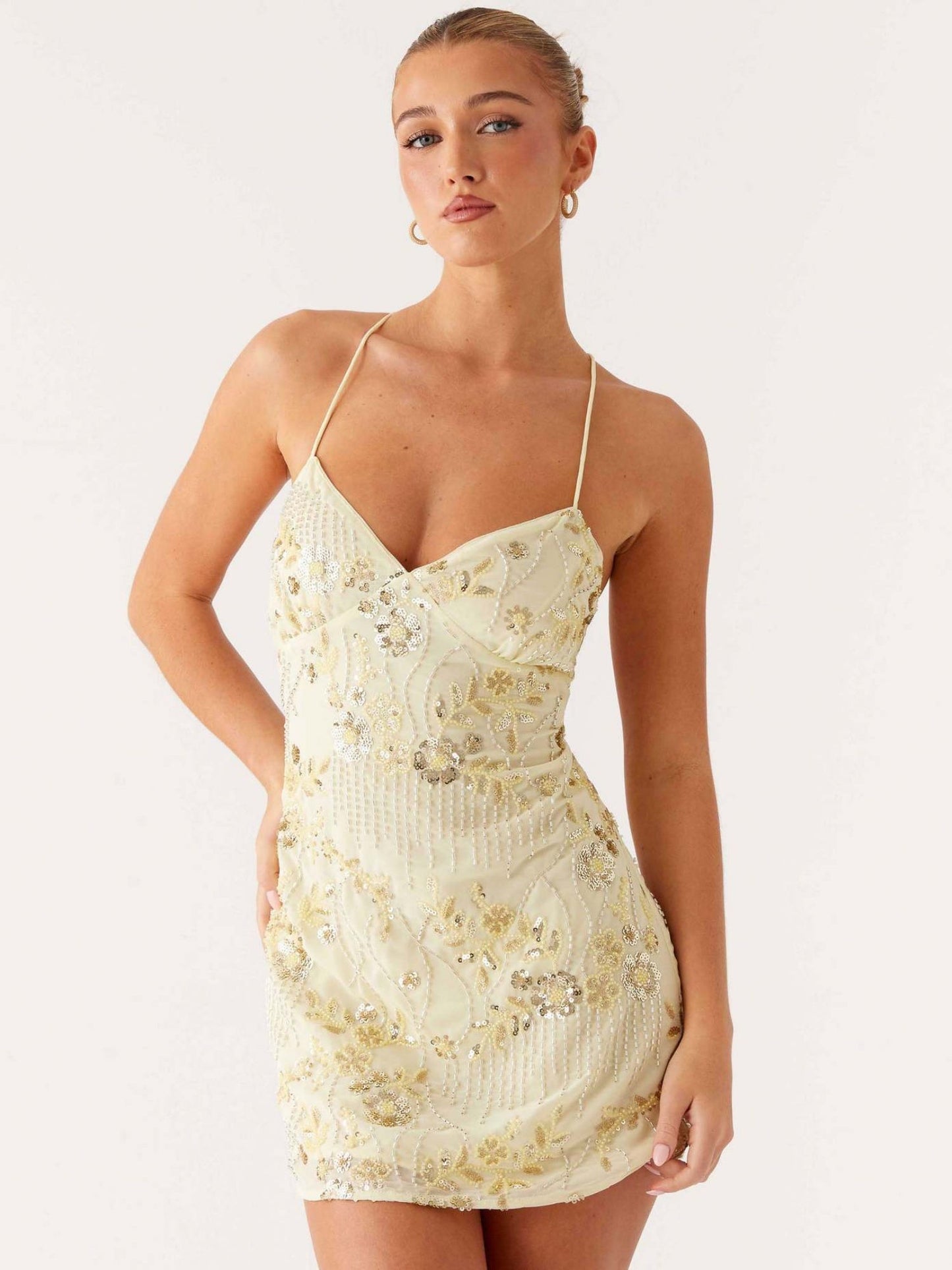 Sequin Beads Spaghetti Strap Backless Tie Sweet Mini&Short Dresses