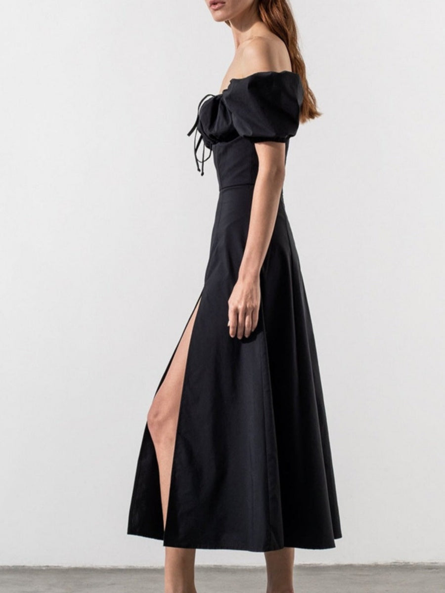 Square Collar Bandage Puff Sleeve Slit Midi Dresses