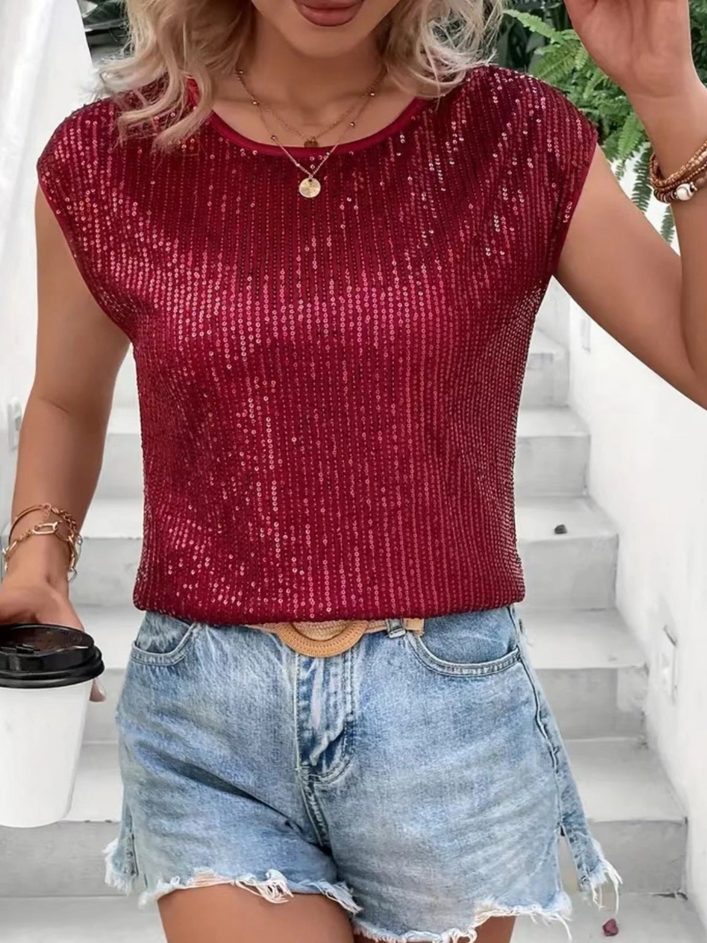 Sequins Round Neck Sleeveless Tank Tops