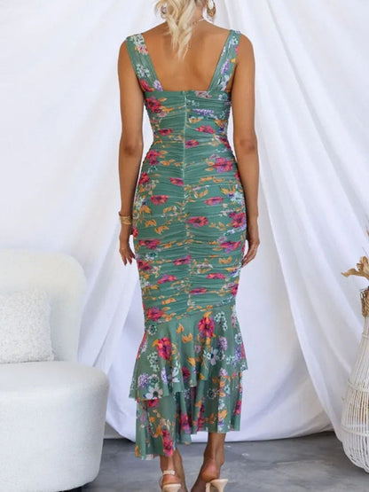 Printed Gathering Camisoles V-neck Ruffle Maxi Dresses