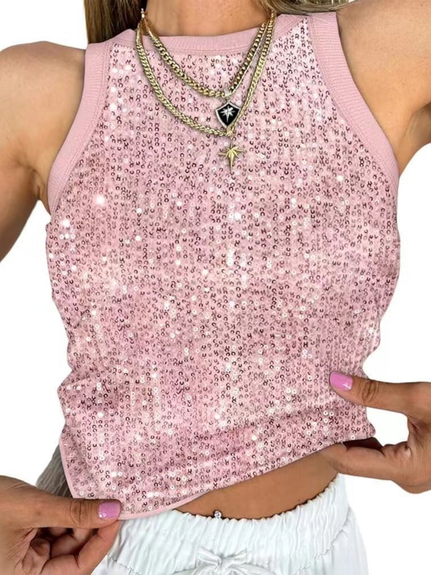 Sequined Leopard Print Color-blocked Crop Top Elastic Vest
