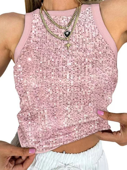 Sequined Leopard Print Color-blocked Crop Top Elastic Vest