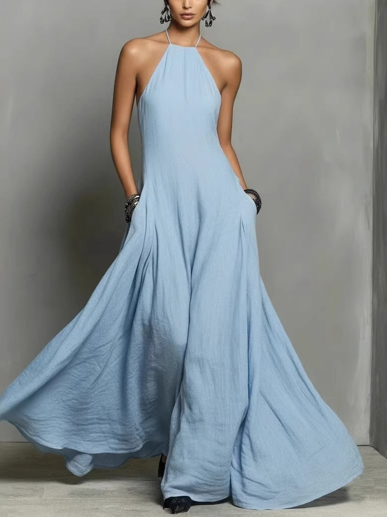 Halter Solid Color Backless Sleeveless Long Vacation Style Dress