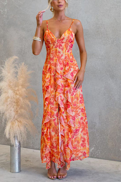 Backless Cut Out Floral Print Ruffle Slit Maxi Cami Dress