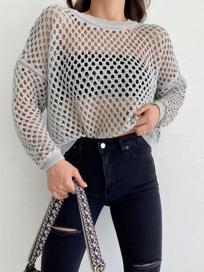 Hollow Out Round Neck With Bell Sleeves Knitted Cover-up