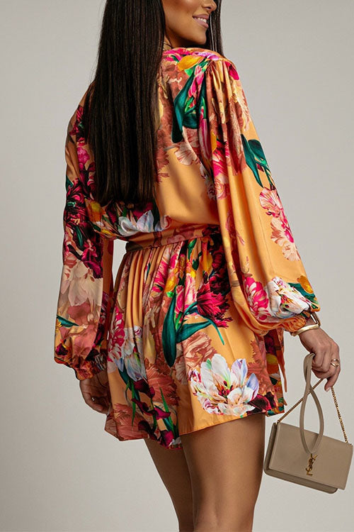 Wrap V Neck Long Sleeves Tie Waist Floral Print Romper