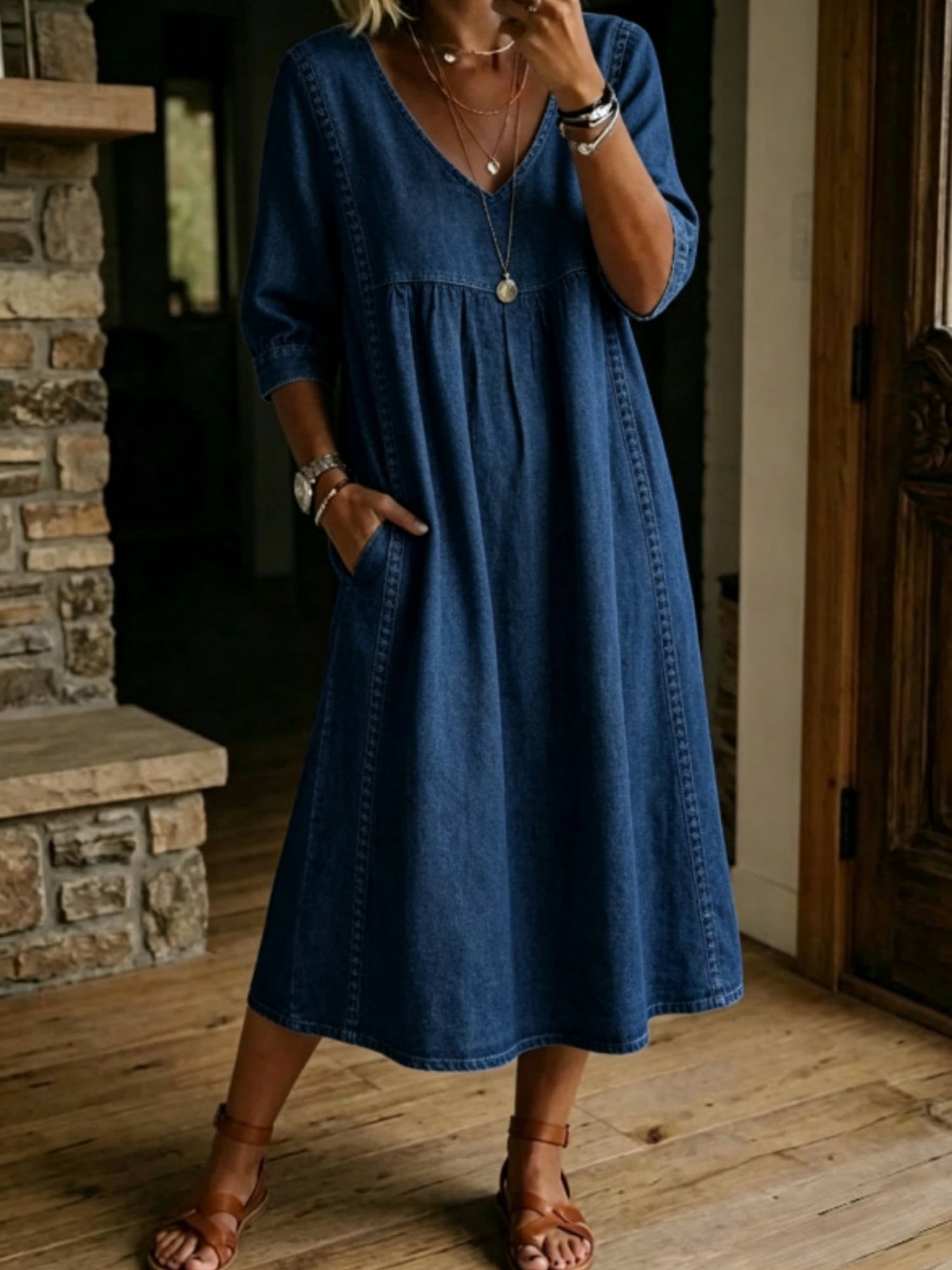 Lace Trim Linen Cotton V-neck Maxi Dresses