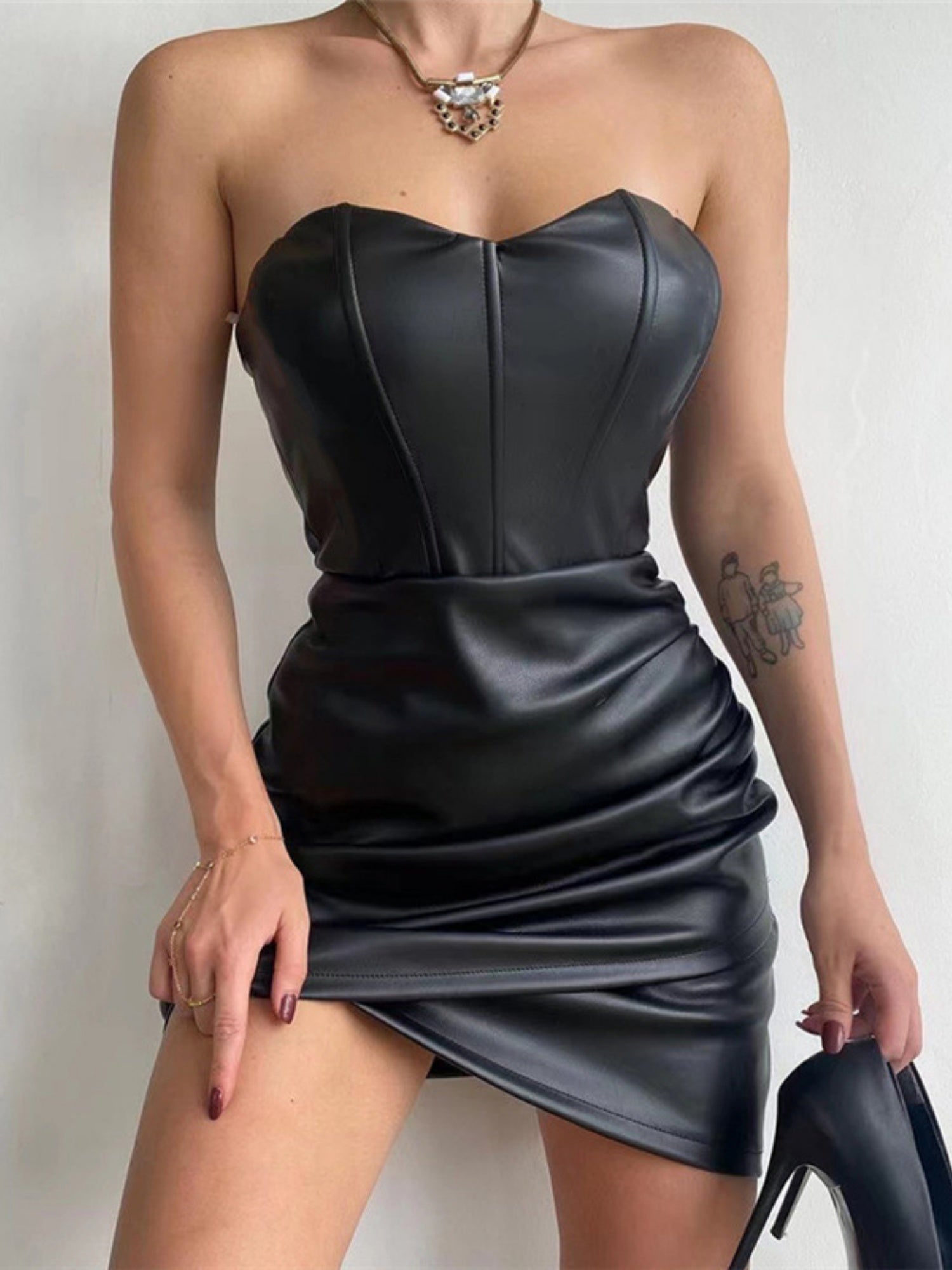 PU Leather Pleated Strapless Mini&Short Dresses