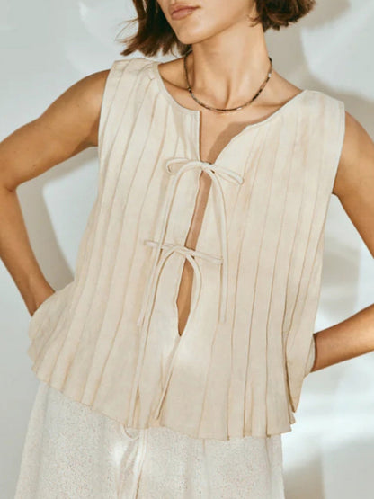 Cotton And Linen Straps Pleated Tank Tops