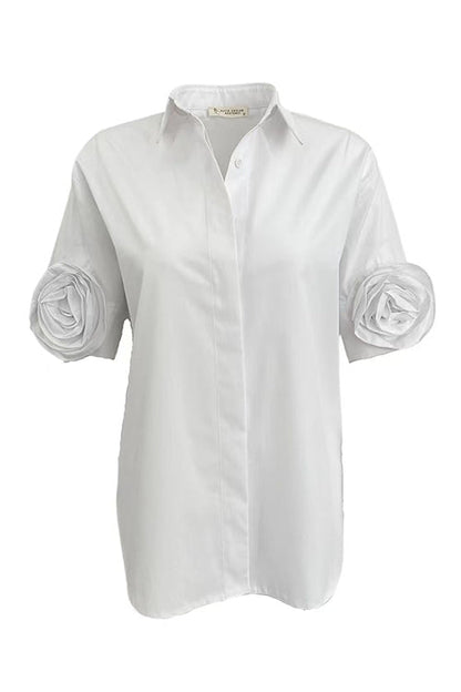 Collared Short Sleeves Button Down Flower Detail Shirt