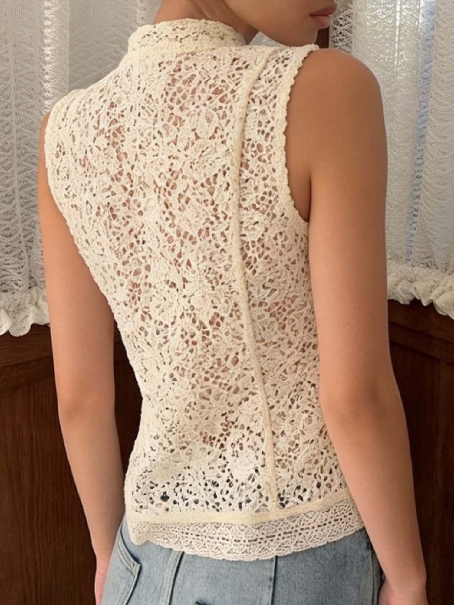 Lace Crochet Stand Collar Button Tank Tops