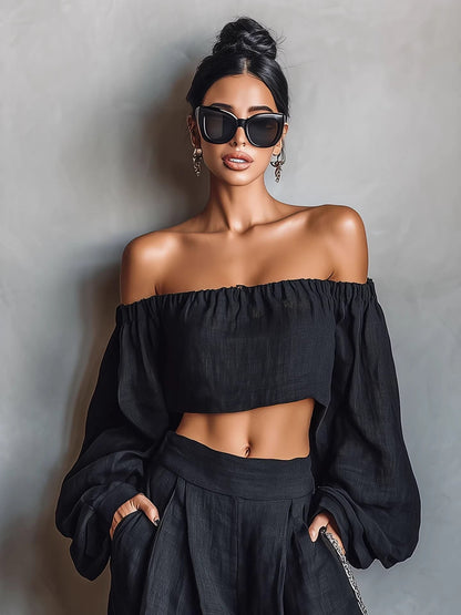 Solid Color Off-shoulder Long-sleeved Top And Wide-leg Pants Two-piece Set