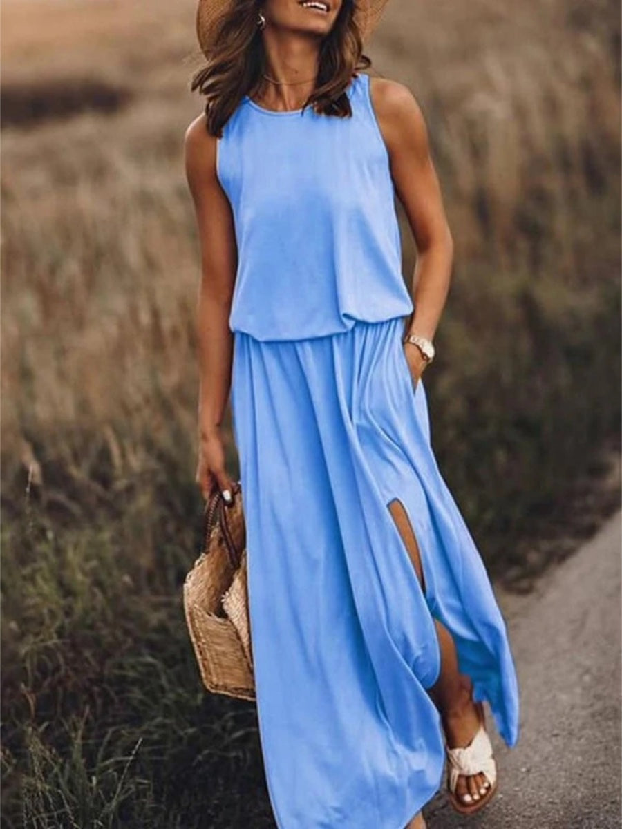 Round Neck Sleeveless Slit Long Dress
