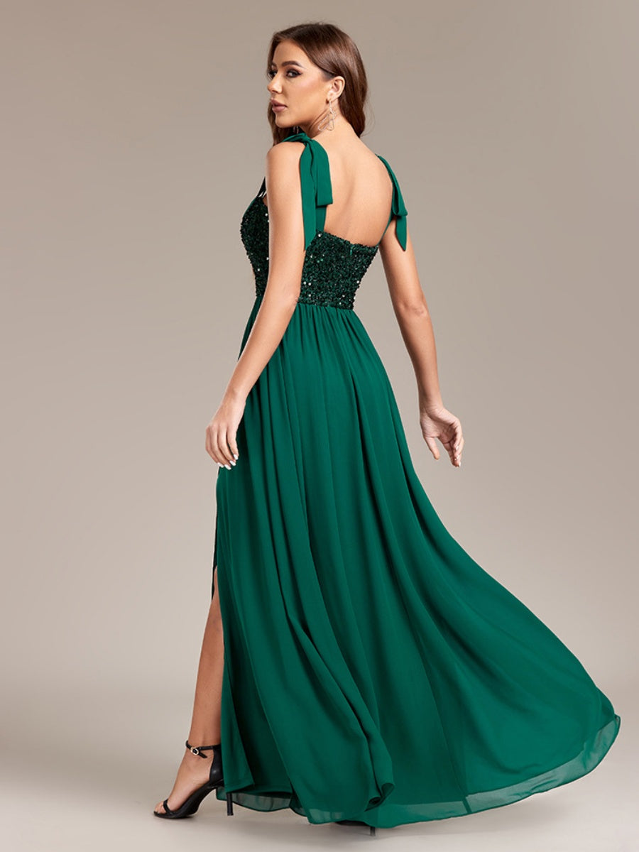 Sequins And Glitter Bandage Chiffon Slit Formal Dress Maxi Dresses
