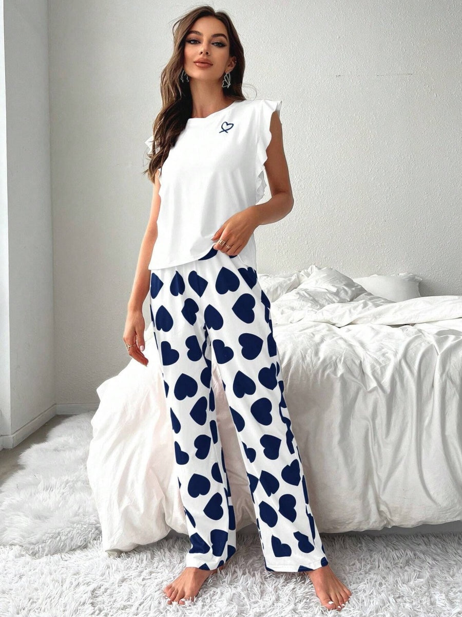 Heart-print Ruffled Sleeve Trousers Set That Can Be Worn As Loungewear