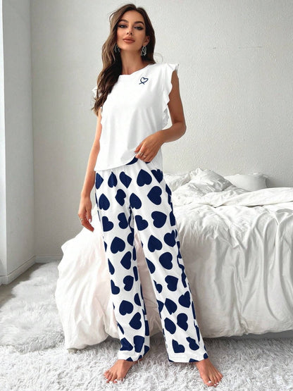 Heart-print Ruffled Sleeve Trousers Set That Can Be Worn As Loungewear