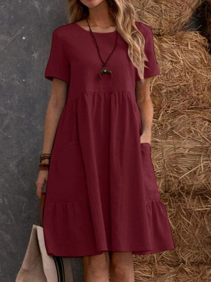 Retro Loose-fitting Pocket Solid Color Round Neck Cotton Linen Short Dress