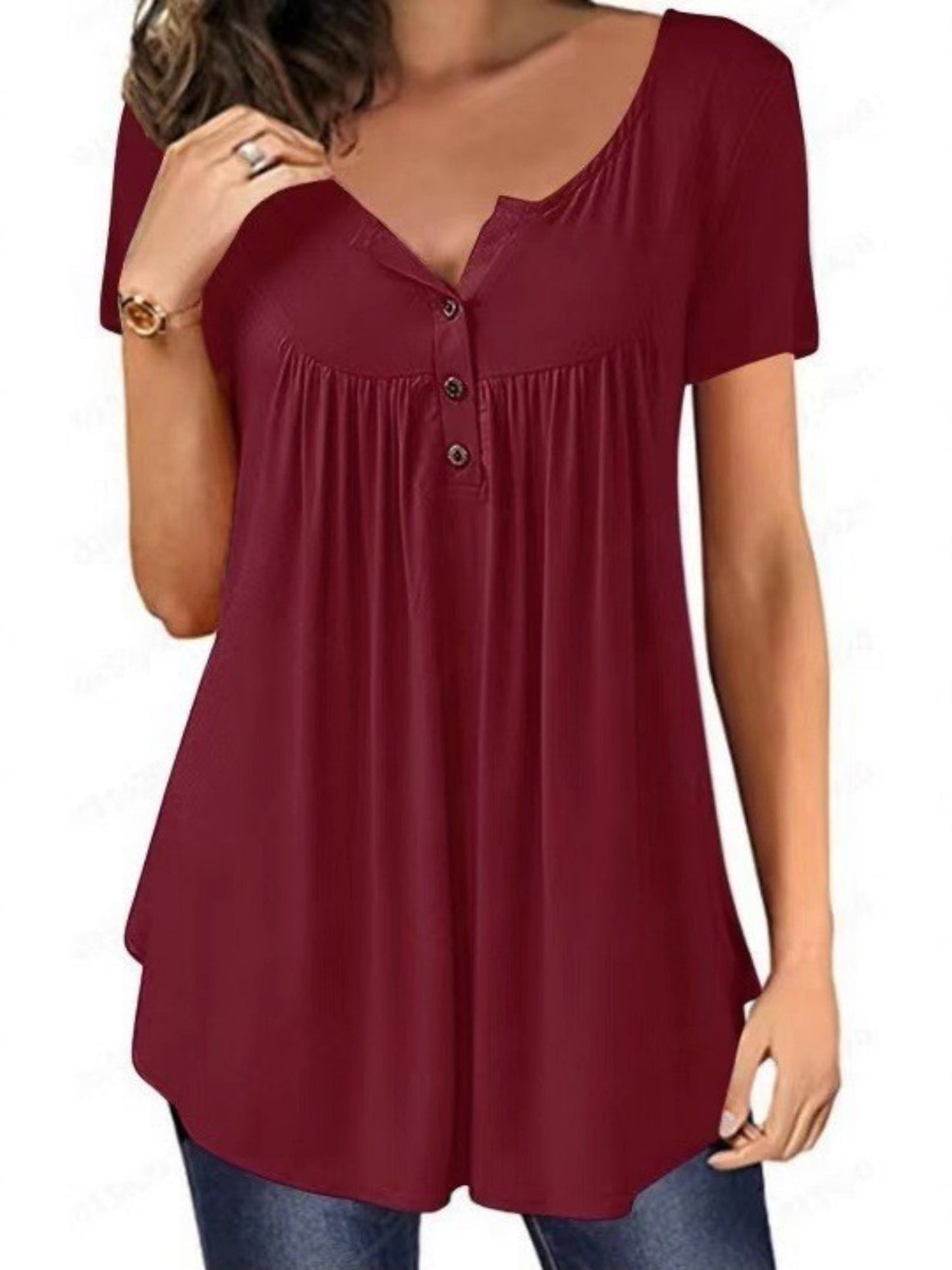 V-neck Pleated Buttons Loose-fit Short-sleeved T-shirt