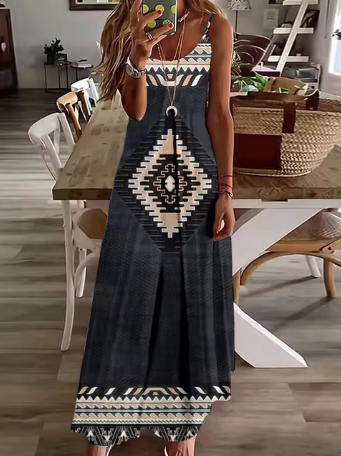 Deep V-Neck Turtle Dreamcatcher Feather Print Spaghetti Strap Maxi Dress