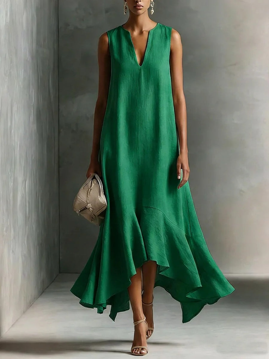Sleeveless Irregular Hem Deep V-neck Maxi Dresses