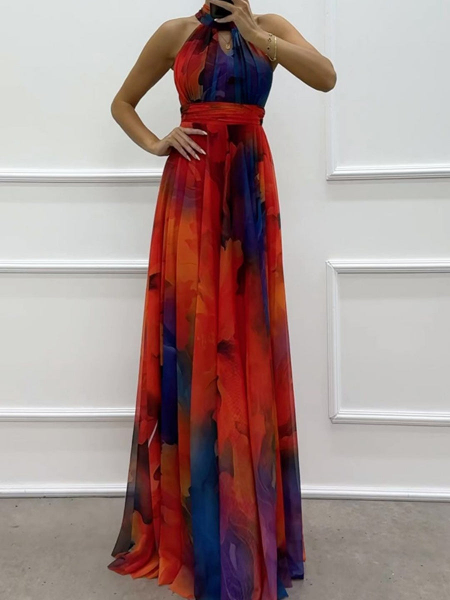 Mesh Printed Halter Formal Dress Maxi Dresses