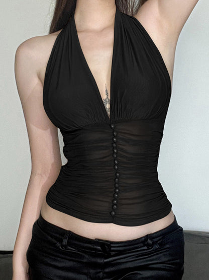 Mesh Pleats V-neck Halter Neck Backless Tank Tops