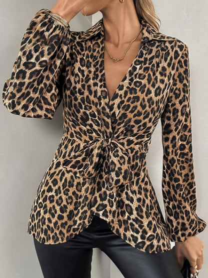 Leopard Print Tie-neck Long-sleeved T-shirt