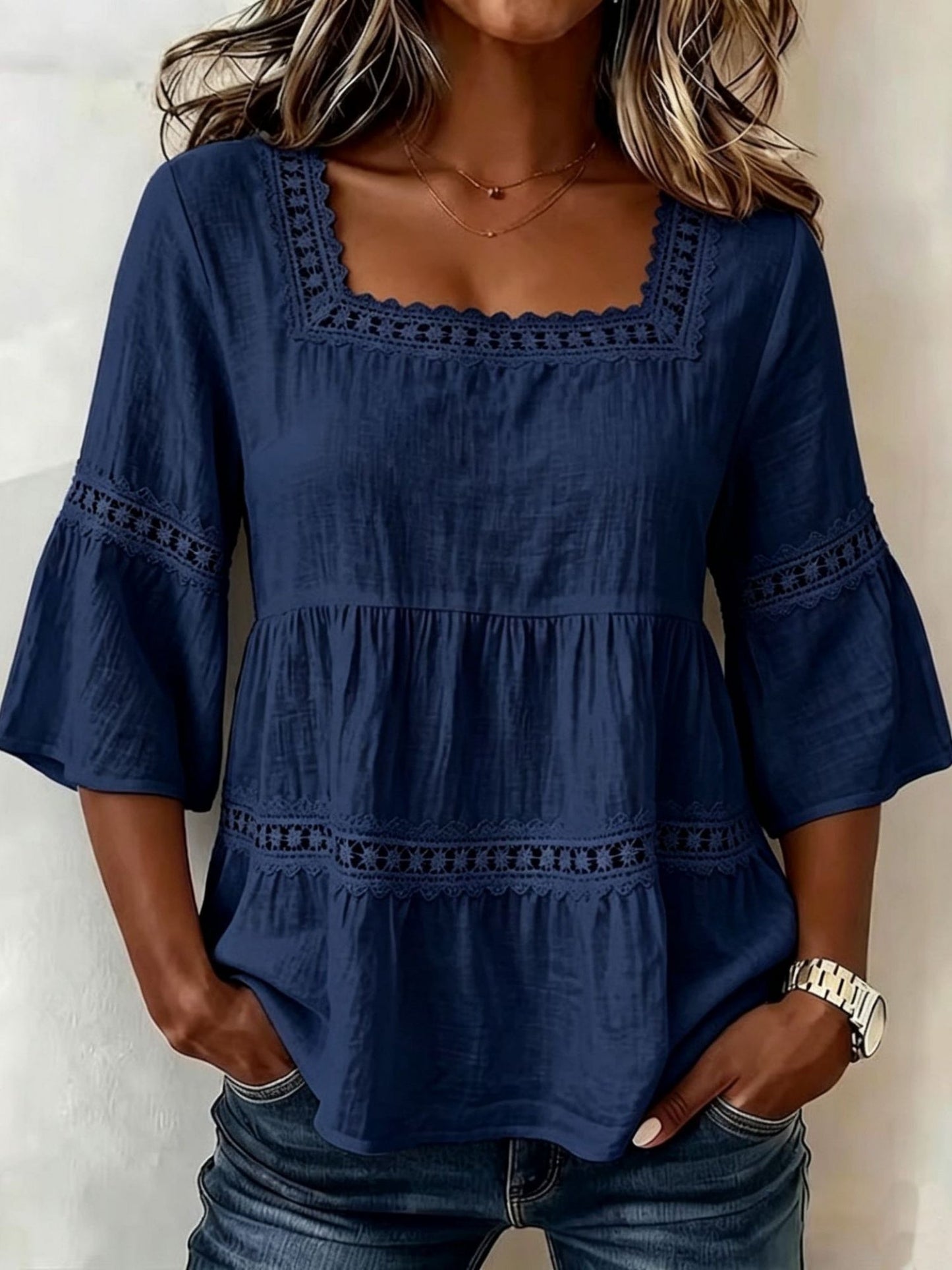 Lace Patchwork Cotton And Linen Square Neckline And Three-quarter Sleeves T-shirts