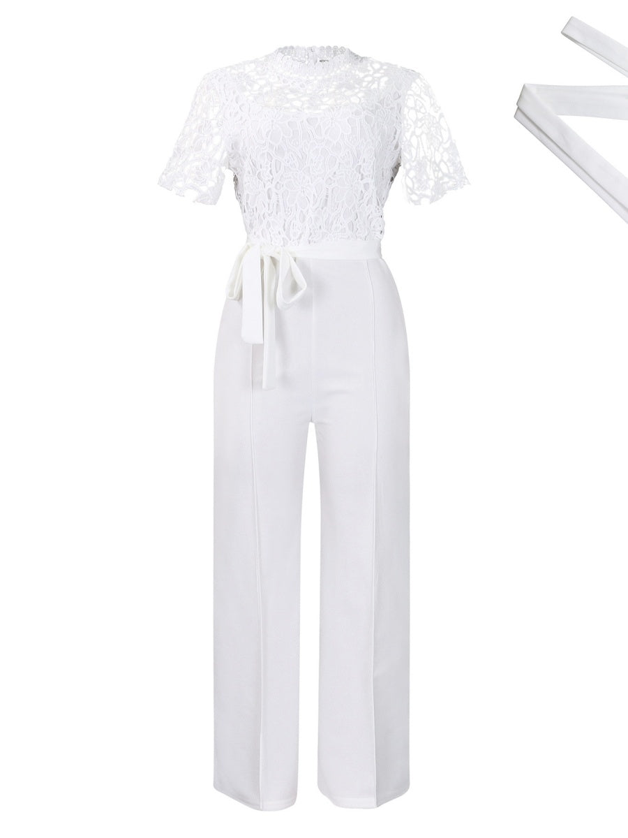 Lace Trim Hollow Short Sleeve Bandage High Waist Wide Leg Jumpsuits