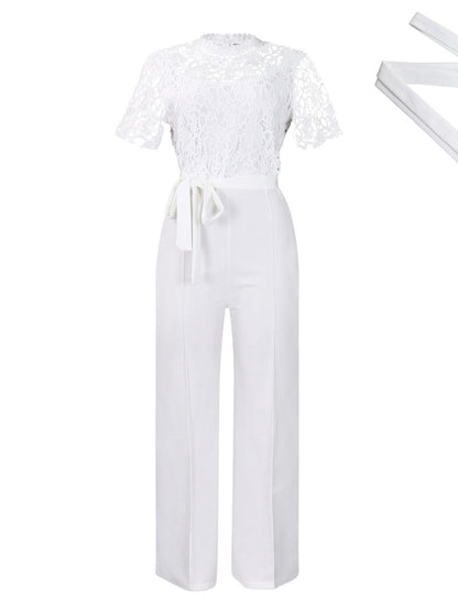 Lace Trim Hollow Short Sleeve Bandage High Waist Wide Leg Jumpsuits