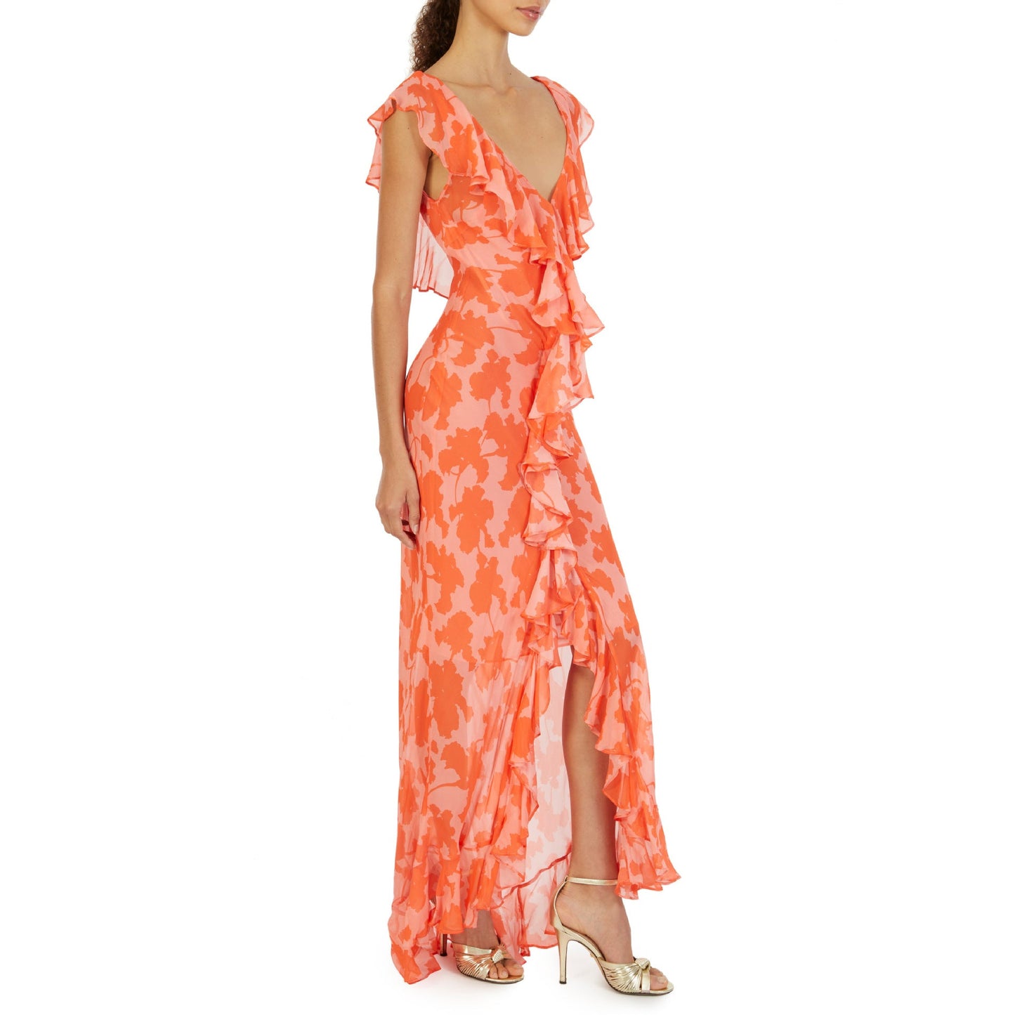 Ruffle High Slit V-neck Perspective Formal Dress Maxi Dresses