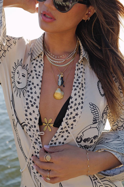 Margovil Collared V Neck Shirt and Side Slit Shorts Vitamin Sea Print Set