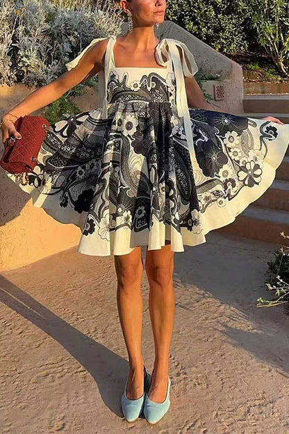 Margovil Bow Shoulder Sleeveless High Waist Floral Print Mini Dress