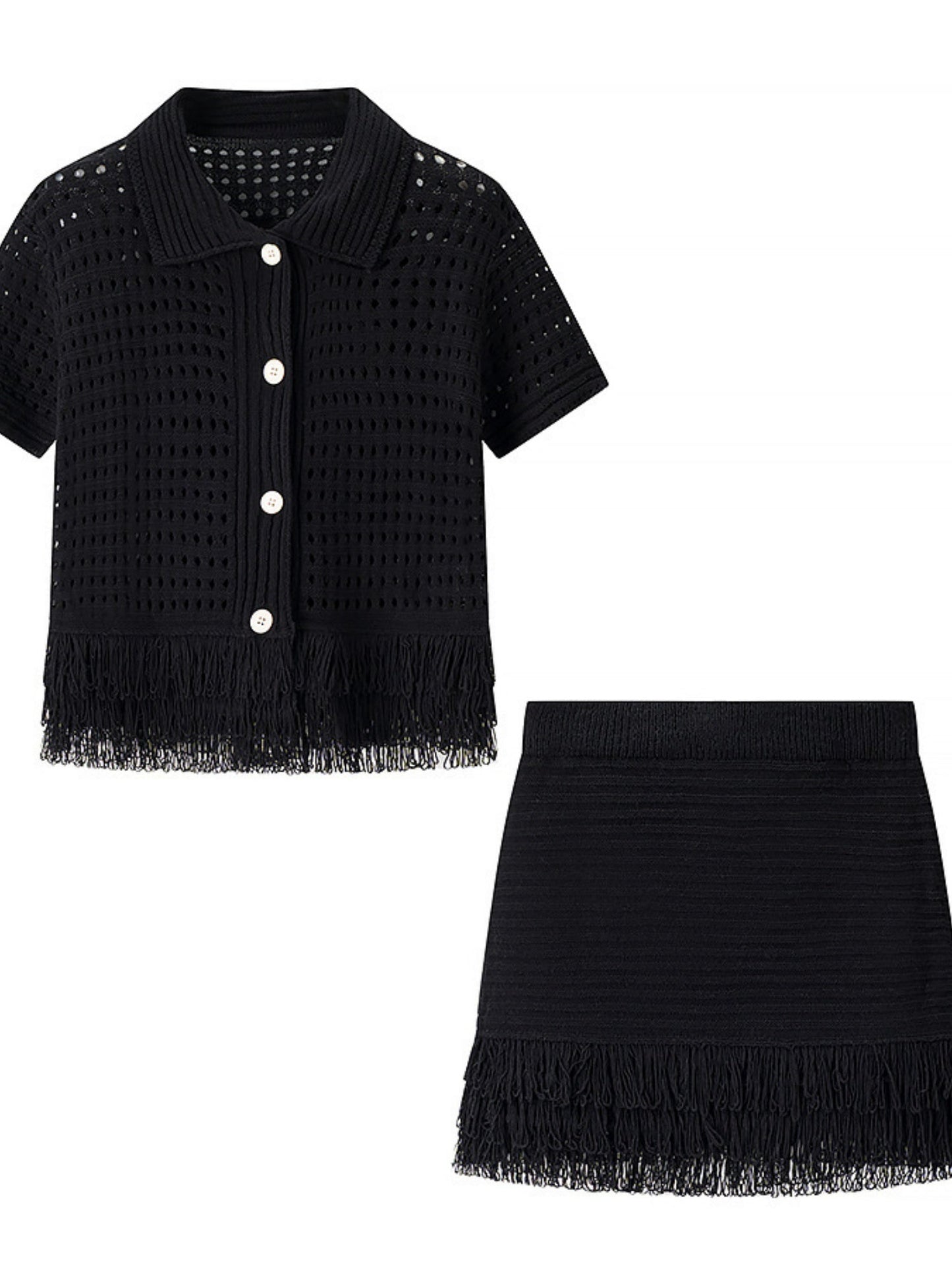 Tassel Knitting Short-sleeved Jacket High-waisted Mini Skirt 2-piece Sets