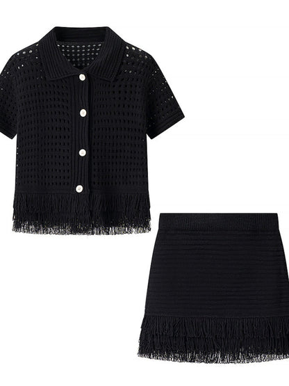 Tassel Knitting Short-sleeved Jacket High-waisted Mini Skirt 2-piece Sets