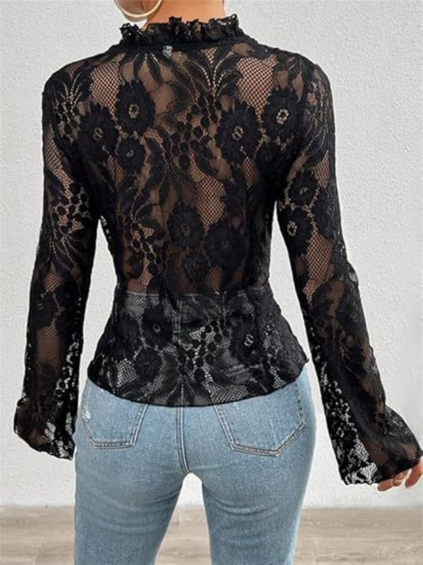 Lace See-through Ruffle Open Front With Tie Sweet T-shirts