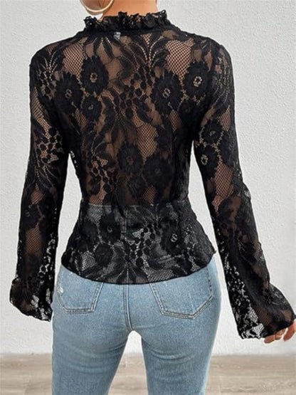 Lace See-through Ruffle Open Front With Tie Sweet T-shirts