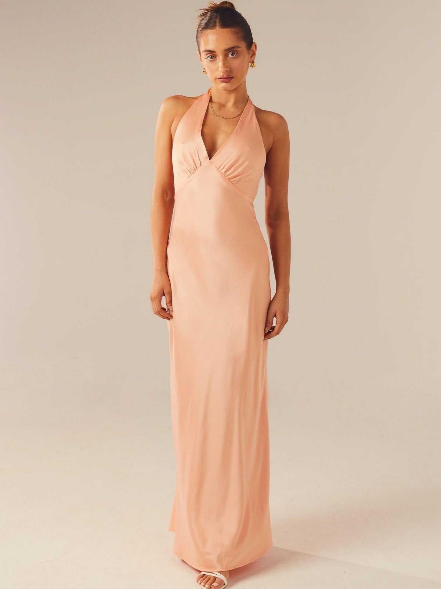 Satin V-neck Halter Neck Backless Strappy Maxi Dresses