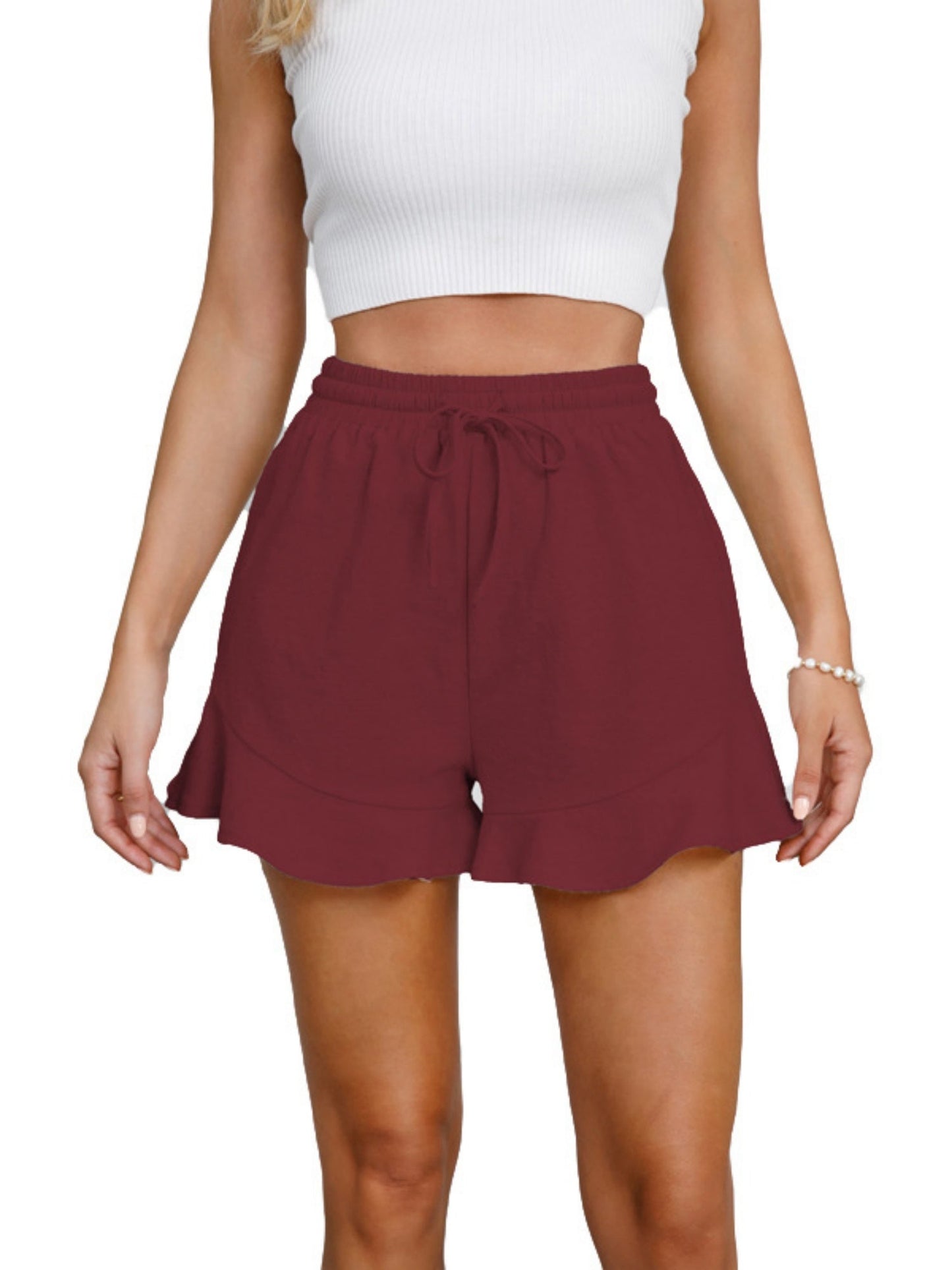 Ruffle Elastic Waistband Drawstring Cotton And Linen Shorts