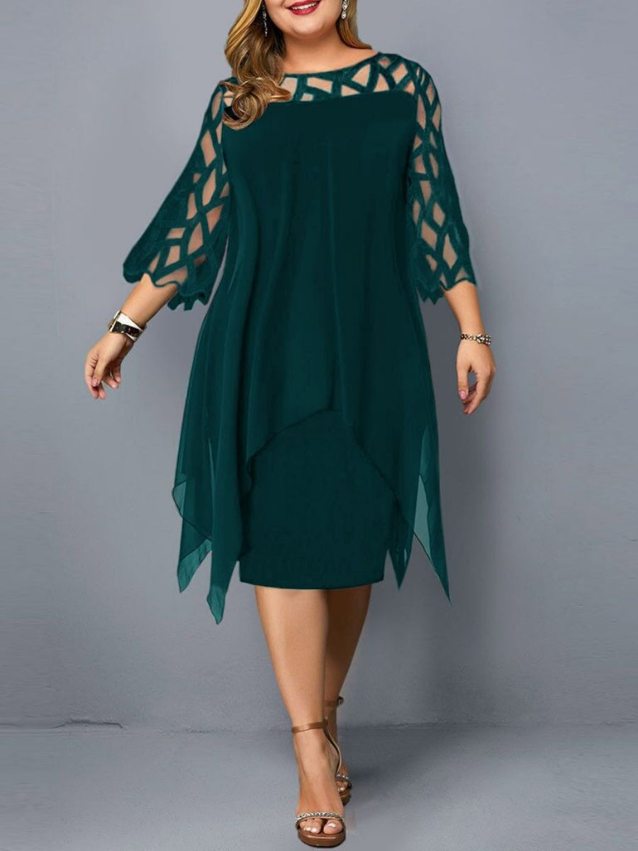 Geometry Splicing Three-quarter Sleeves Irregular Hem Chiffon Midi Dresses
