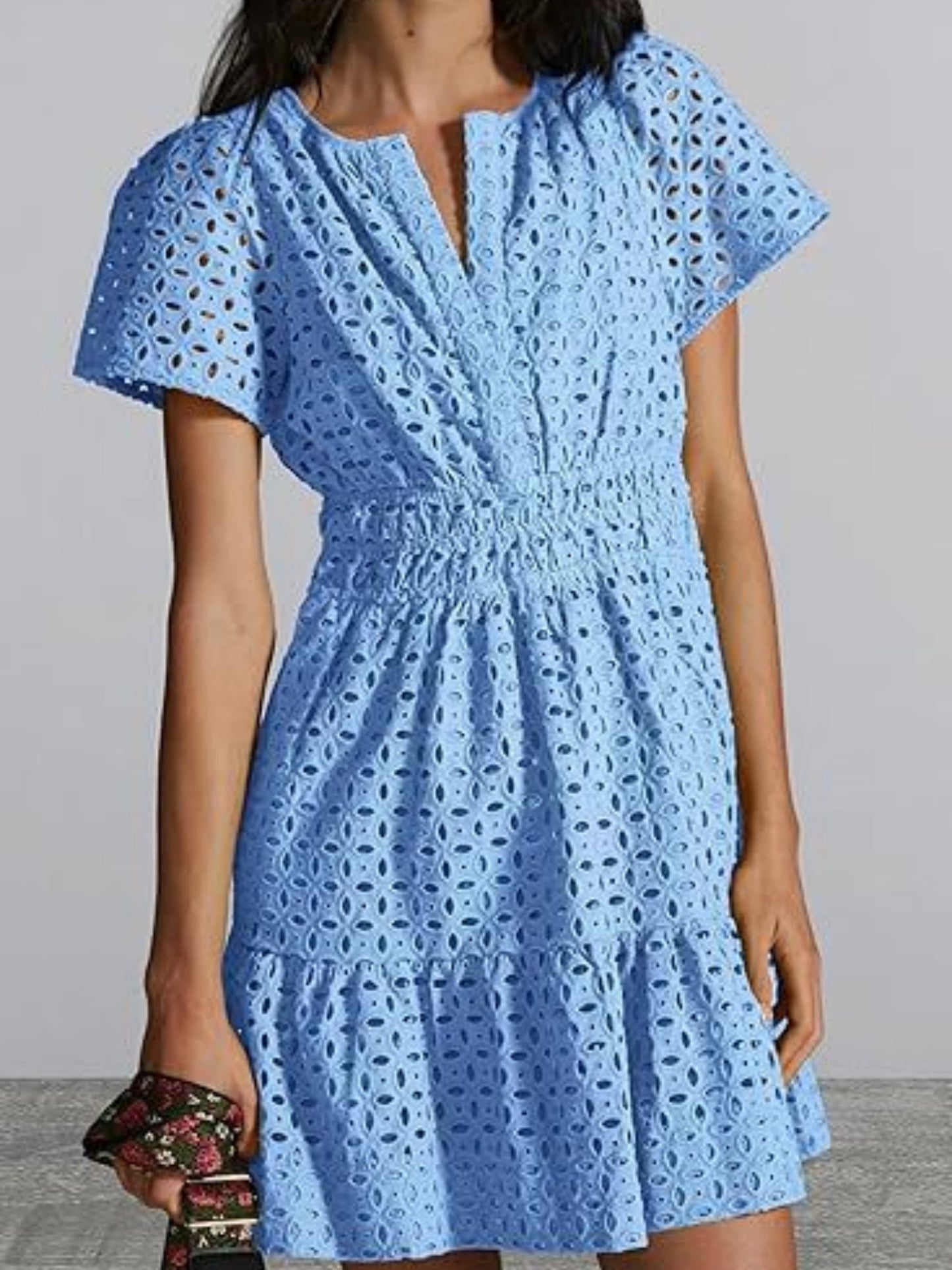 Lace Cutout V-neck Short Sleeve A-line Short Dress