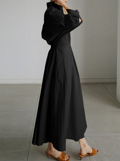 Collared Deep V-Neck Puff Sleeve Pleated A-Line Midi Shirt Dress