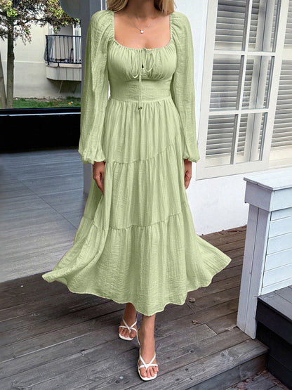 Straps Puff Sleeve U-neck Long Sleeve Maxi Dresses