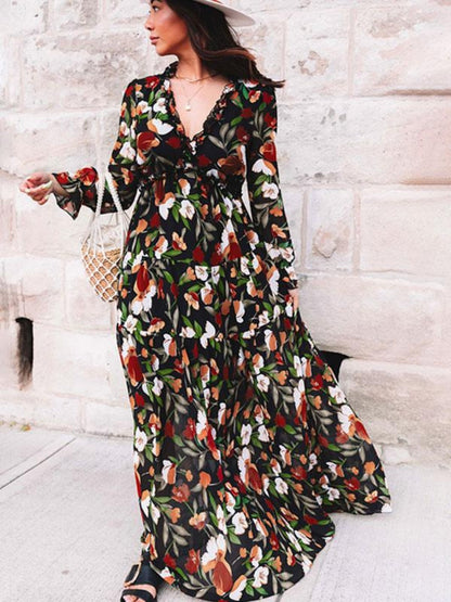 Floral Print V-neck Lantern Sleeves Maxi Dresses