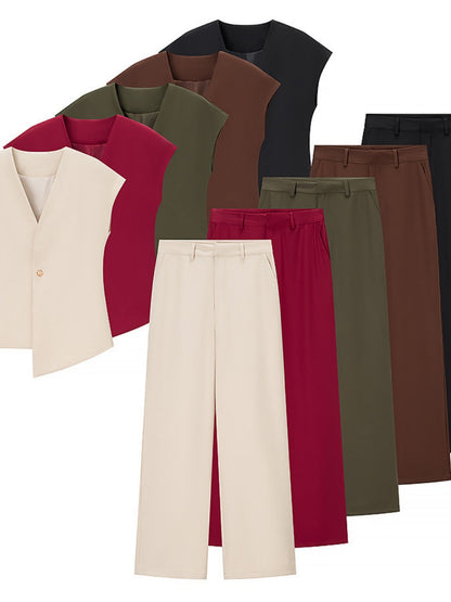 V-neck Buttons Jacket Wide-leg Pants Set Commuting 2-piece Sets