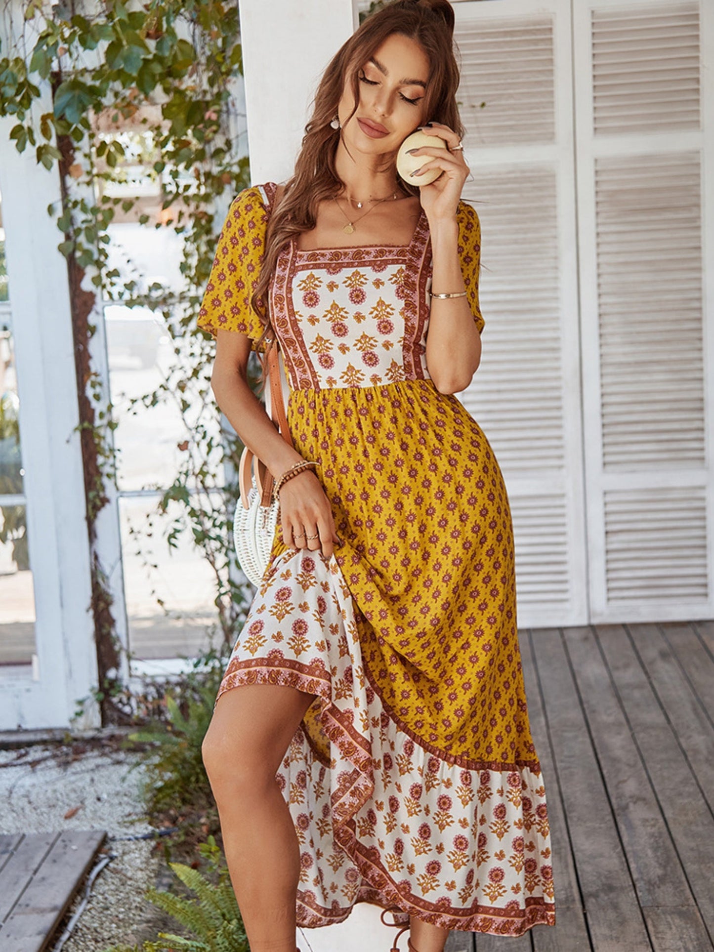 Printed Color-blocked Square Neck Short Sleeve Maxi Dresses