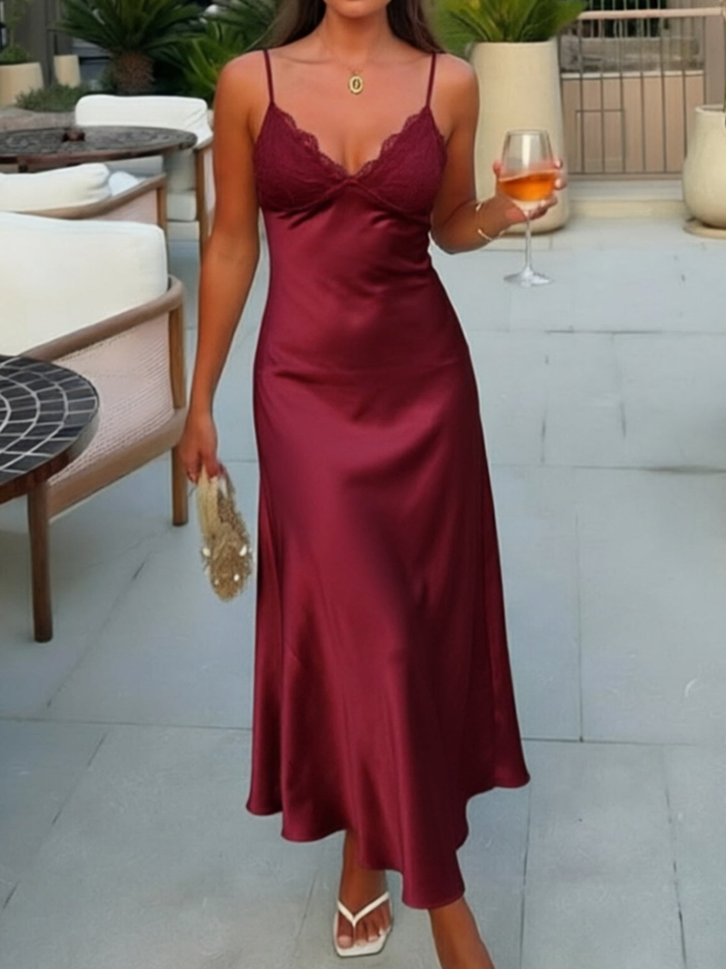 Lace Patchwork V-neck Backless Maxi Dresses
