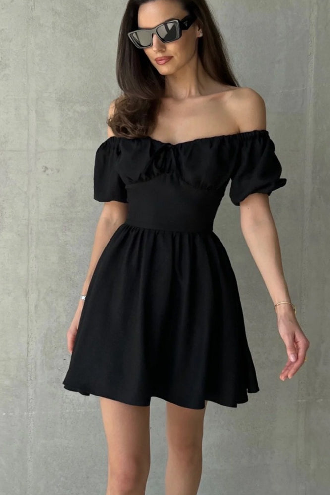 Off Shoulder Puff Sleeve Drawstring Tie Ruched Bodice Fit and Flare Mini Dress