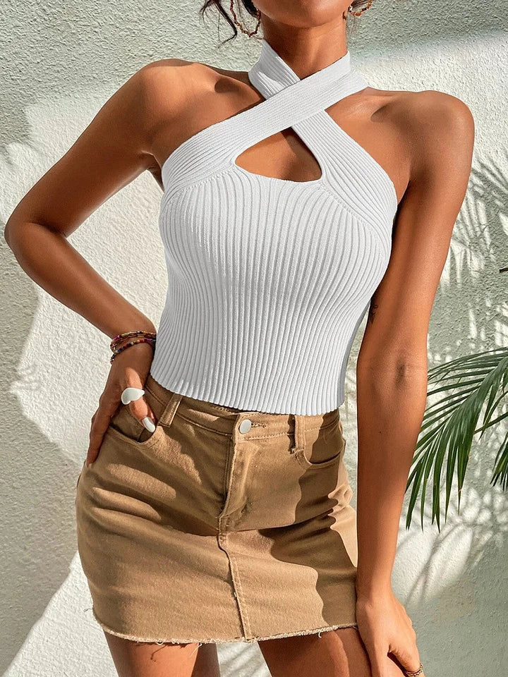 Women's Sleeveless Stretch Knit Top With Heart-Shaped Crossover Neck