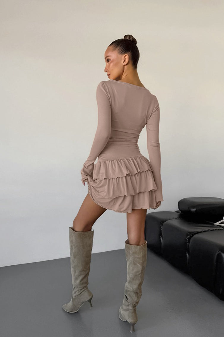 Bateau Neck Long Sleeve Ruched Tiered Ruffle Mini Dress